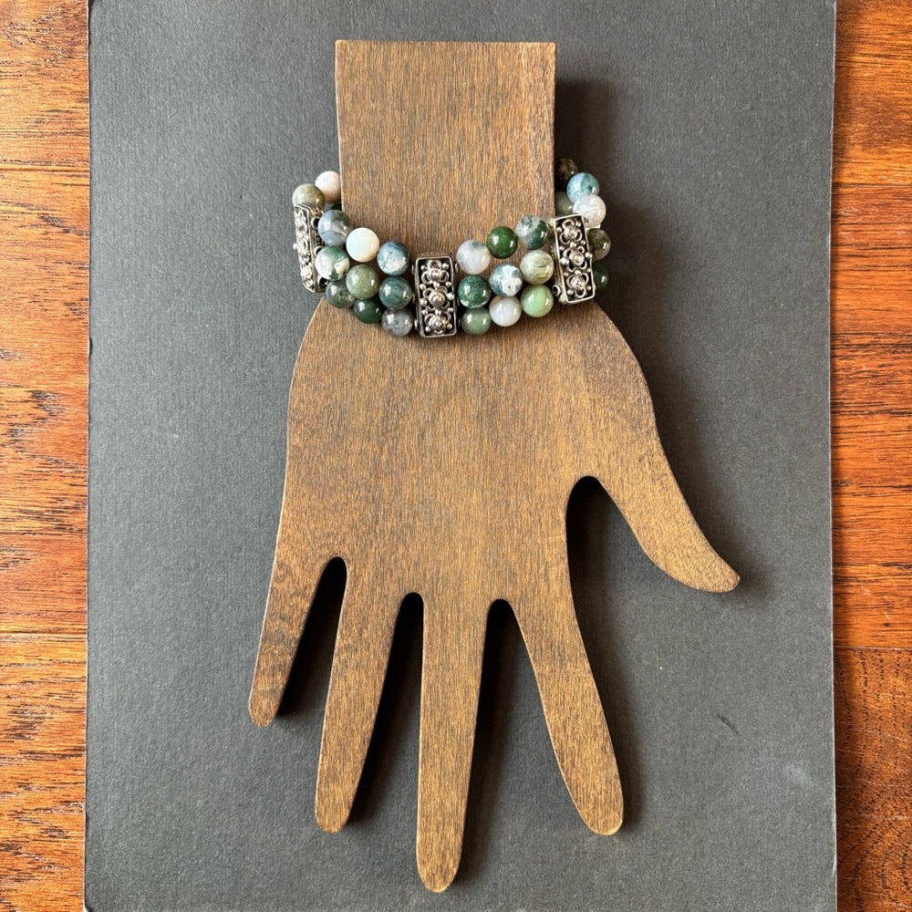 Green Beaded Bracelet with Silver Accents - Women